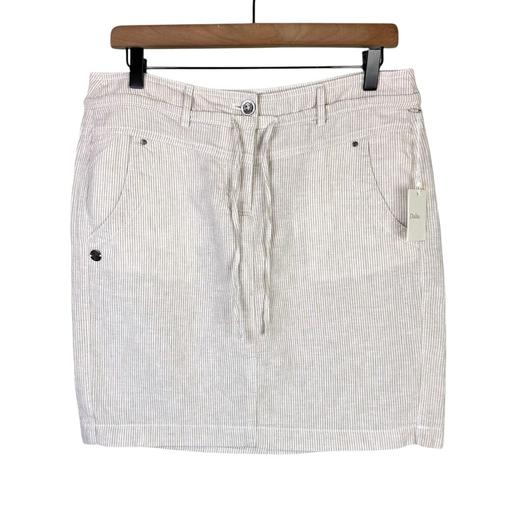 Dalia NWT Tan White Stripe Linen Cotton Blend Short Casual Pencil Skirt